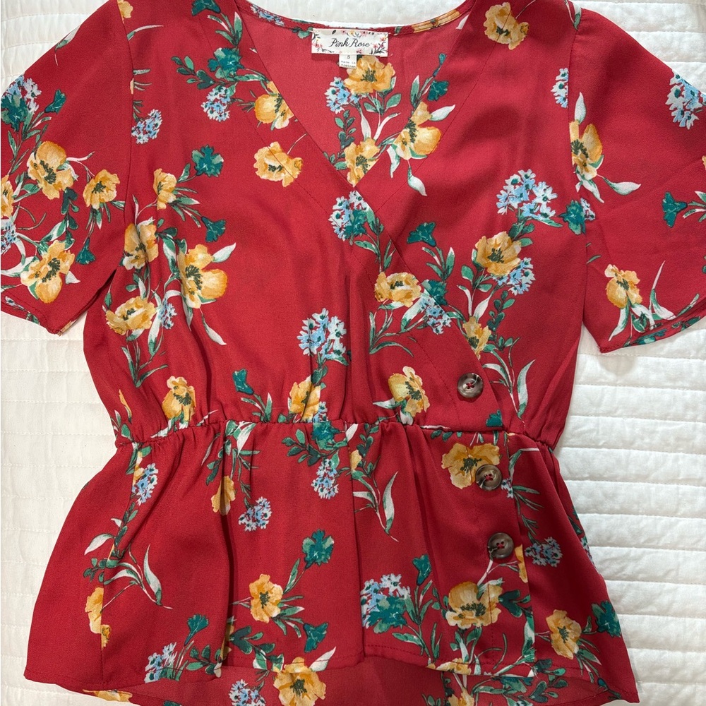 Red Peplum Wrap Blouse